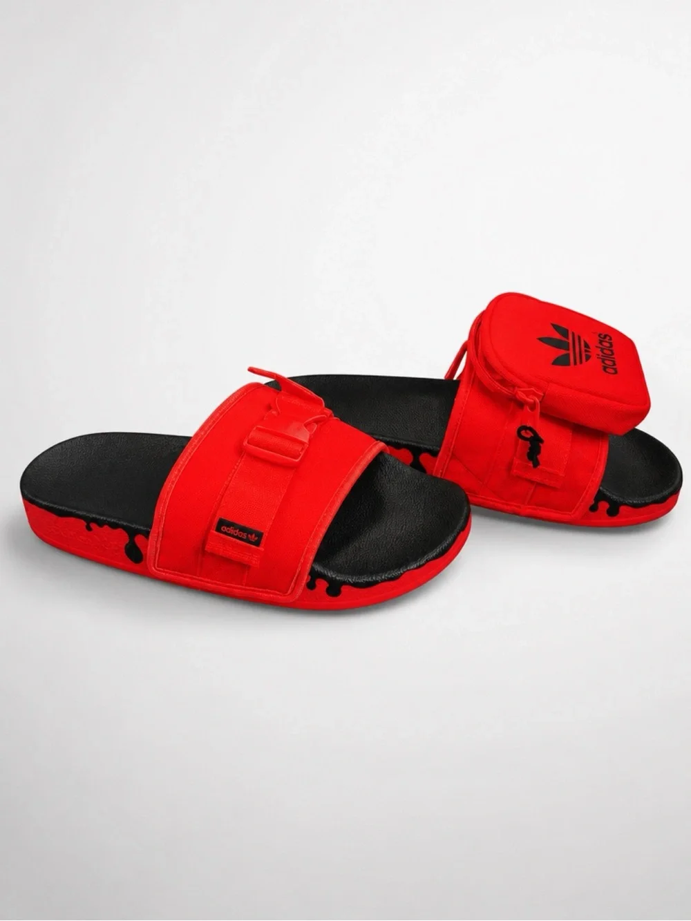 adidas Red Slide Sandals with Black Footbed and Zip Pouch - Picture 3 of 7